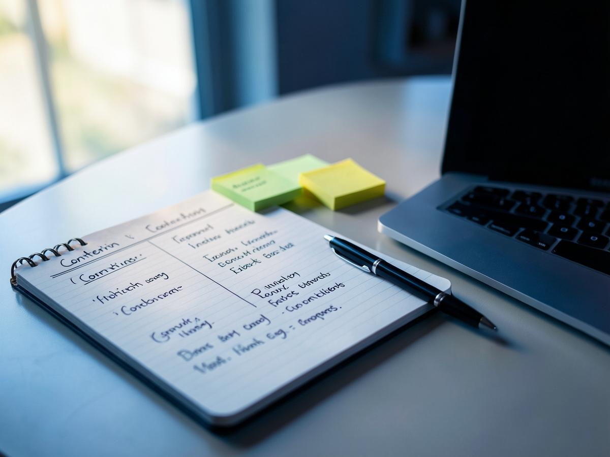 A handwritten content plan next to a laptop